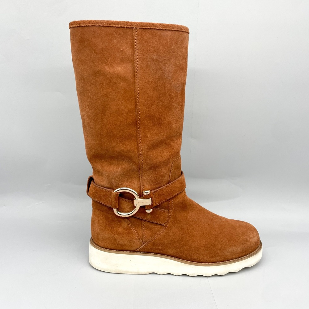 Coach Womens 7.5B Virtue Suede Shearling Mid Calf Boots Chestnut Tan Gold Buckle